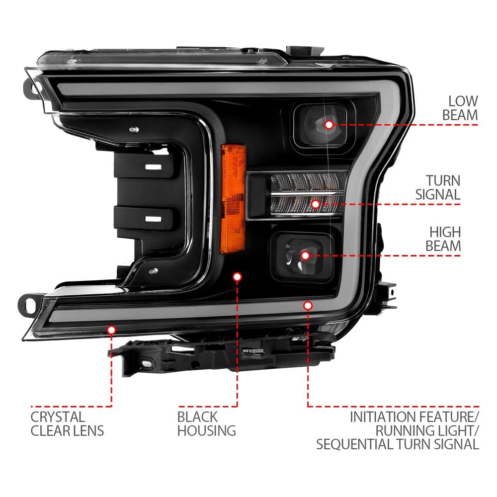 18-20 Ford F-150 Anzo USA (w/o Fctry LED) Full LED Proj Headlights w/Light Bar Swtchbk Seq. Black w/Init (111570)