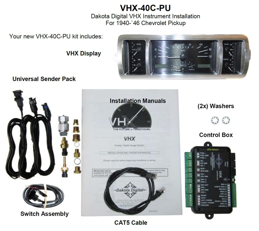Dakota Digital VHX-40C-PU-K-W Analog Gauge Instrument System Compatible with 1940-46 Chevy Pickup Truck Black Alloy White Backlighting