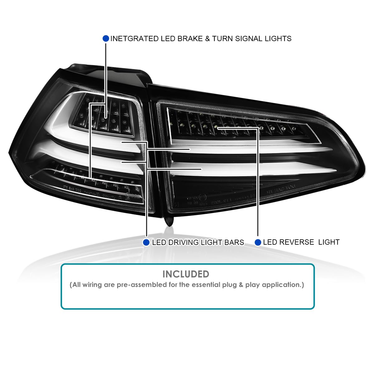 Black LED Bar Tail Lights SPEC-D TUNING Compatible with 2015-2017 Volkswagen Golf GTI Models, Left + Right Pair Assembly