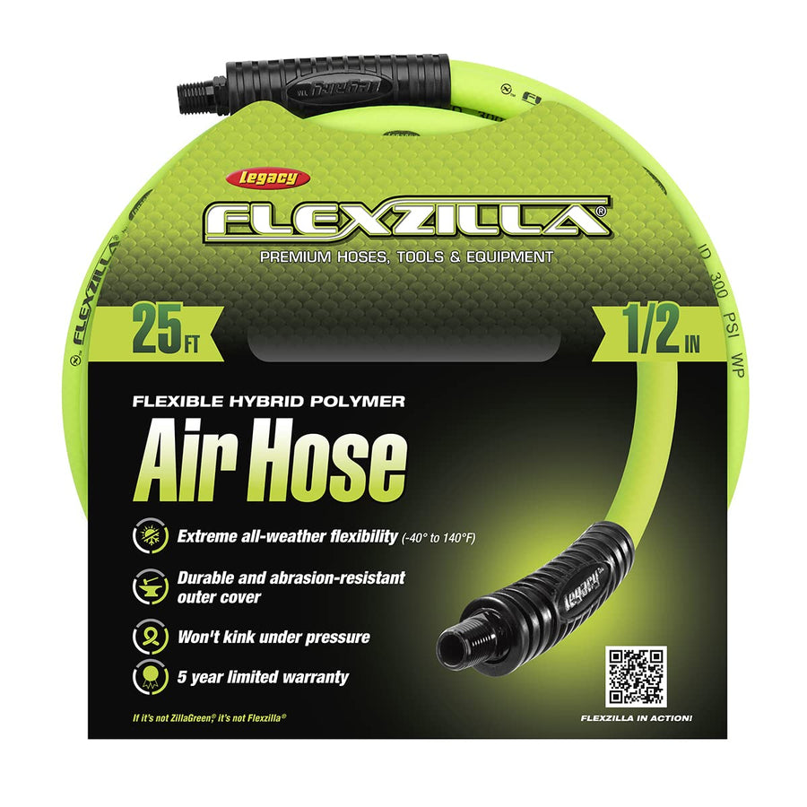 Air Hose Flexzilla, 1/2 in. x 25 ft., 3/8 in. MNPT Fittings, Heavy Duty, Lightweight, Hybrid, ZillaGreen - HFZ1225YW3