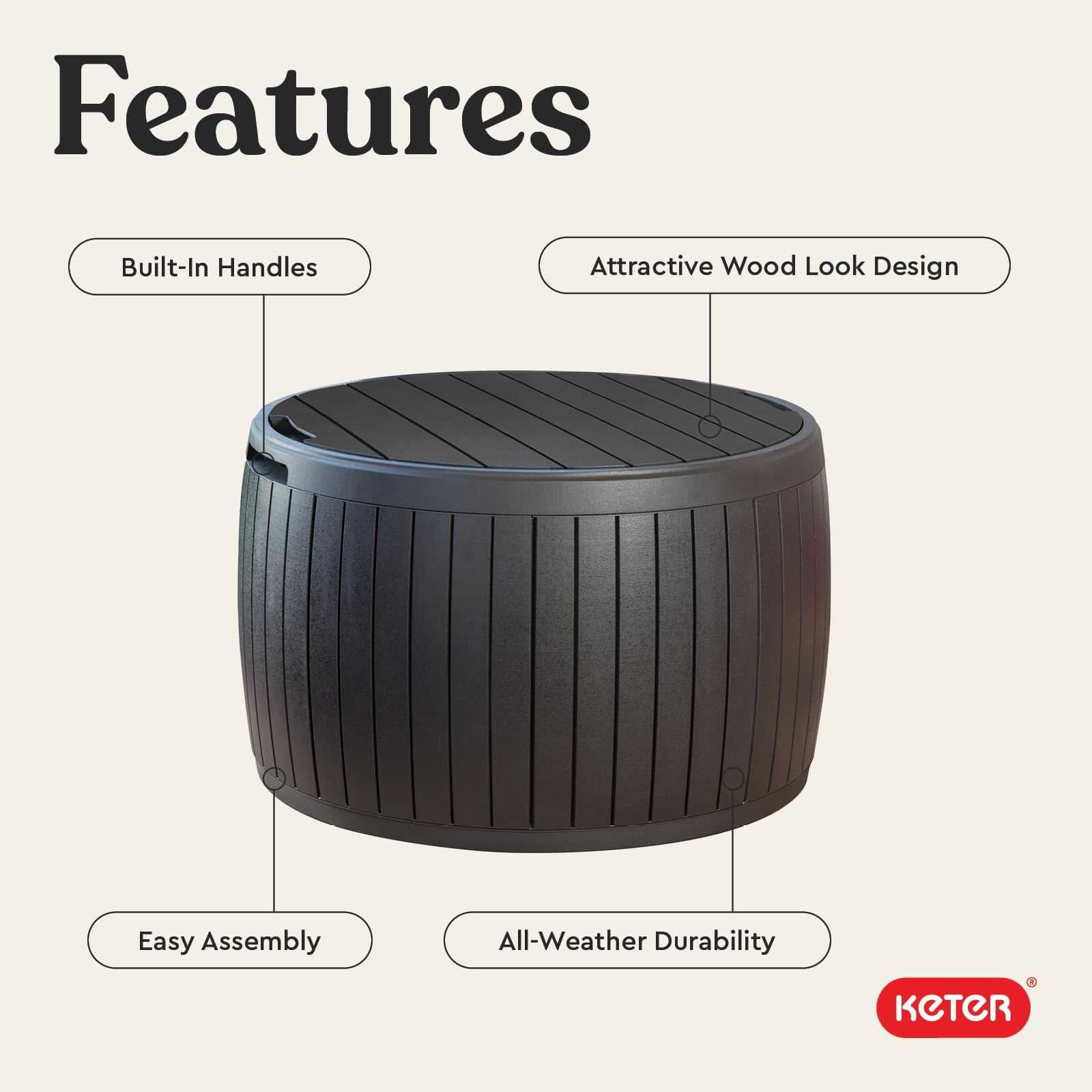 Keter 37 Gallon Circa Deck Box Organizer, Works as Ottoman Chair or Side Table, Brown – Large Resin Round Outdoor Storage and Seating for Garden, Pool, and Patio