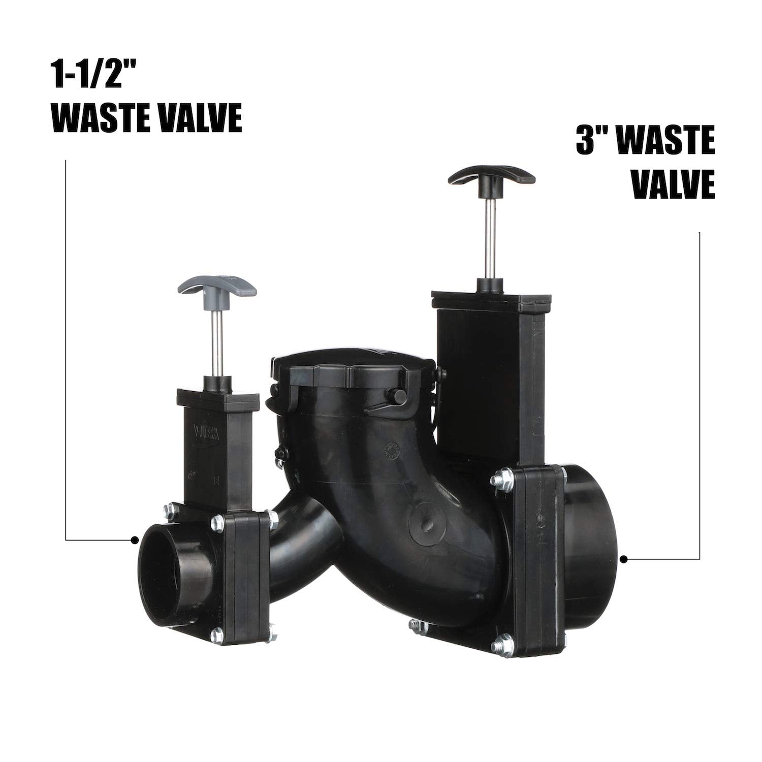 Valterra Double Rotating Ell Valve, Mess-Free Waste Valve for RV's, Campers, Trailers, 3" Hub x 1.5" Hub x 3" Bayonet Cap