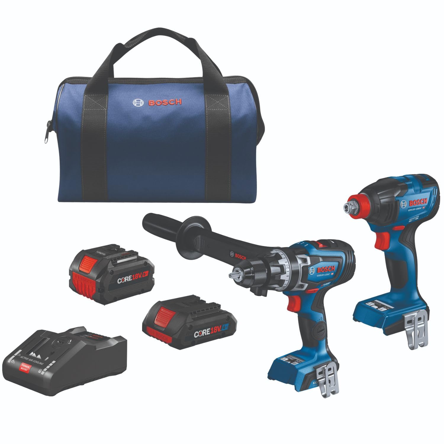 BOSCH 18V GXL18V-260B26 Combo Kit with 1/2 In. Hammer Drill/Driver, 1/4 In. and 1/2 In. Two-In-One Bit/Socket Impact Driver, (1) CORE18V 8 Ah Battery and (1) CORE18V 4 Ah Battery