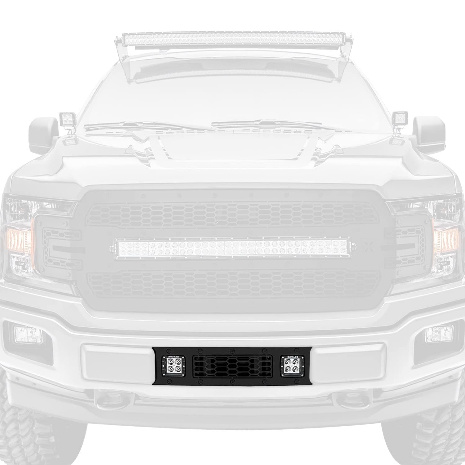 F-150 Limited, Lariat 2018-2020 Stealth Laser Torch Bumper Grille, Black, 1 Pc, Overlay, Black Studs with (2) 3 Inch LED Cube Lights - PN #7325711-BR