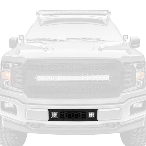 F-150 Limited, Lariat 2018-2020 Stealth Laser Torch Bumper Grille, Black, 1 Pc, Overlay, Black Studs with (2) 3 Inch LED Cube Lights - PN #7325711-BR
