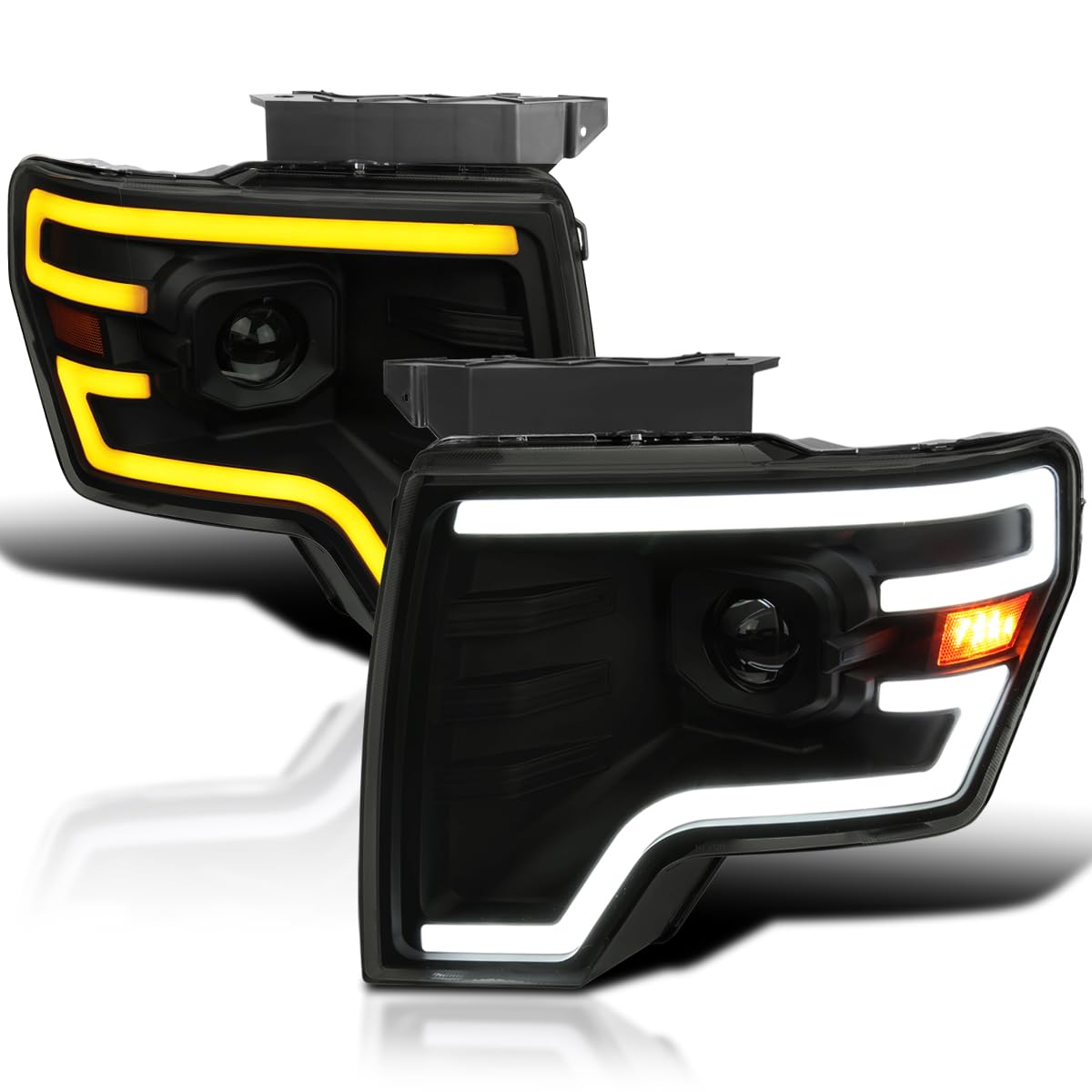 Black Smoke SPEC-D TUNING Projector Headlights w/Switchback Sequential LED Signal Tube and Startup Animation Compatible with 2009-2014 Ford F150 F-150, Left + Right Pair Headlamps Assembly