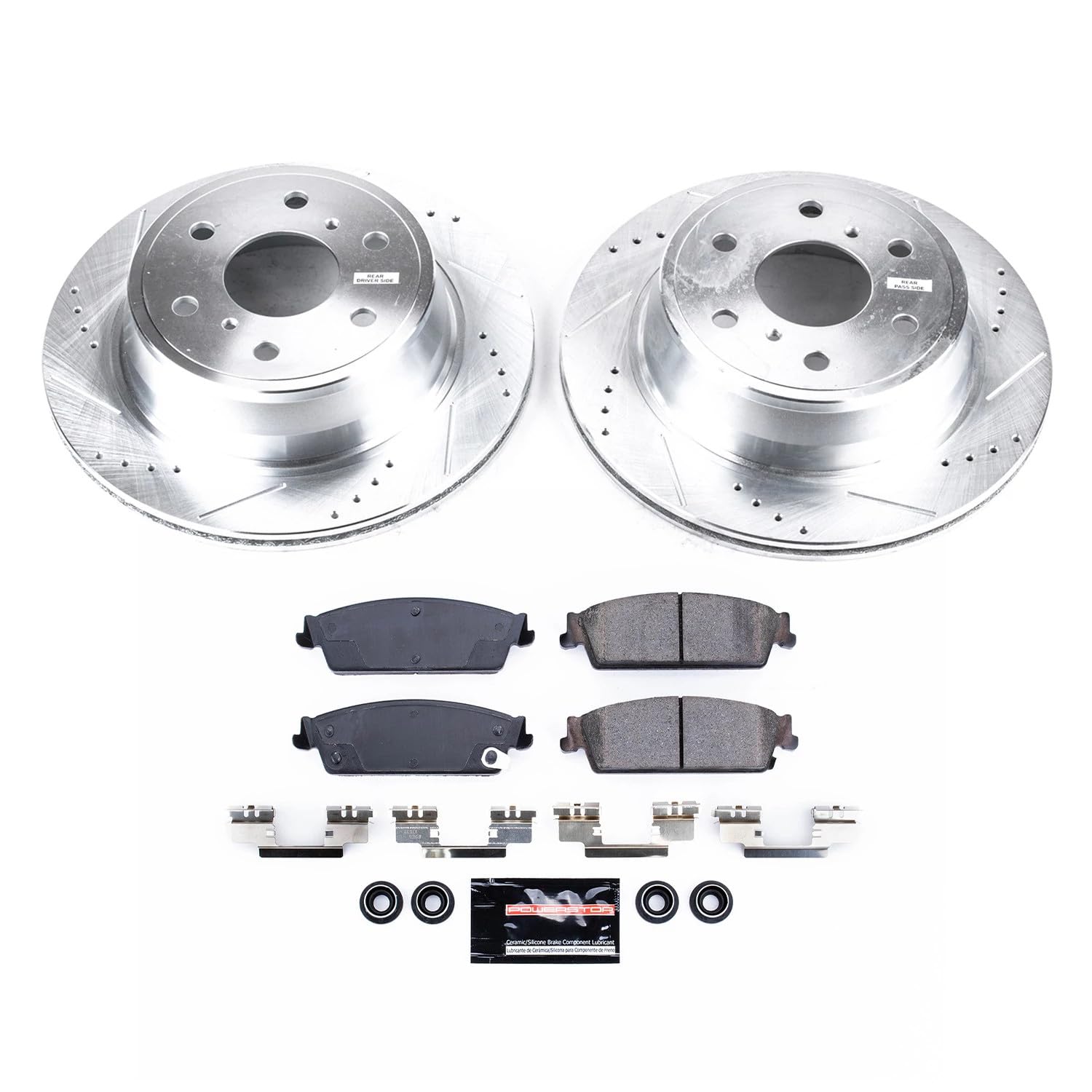 Power Stop K2083 Brake Pads Rear Z23 Carbon Fiber with Drilled and Slotted Brake Rotors Kit For Escalade | Chevy Silverado 1500 Suburban 1500 Tahoe| Sierra 1500 Yukon 6 Lug