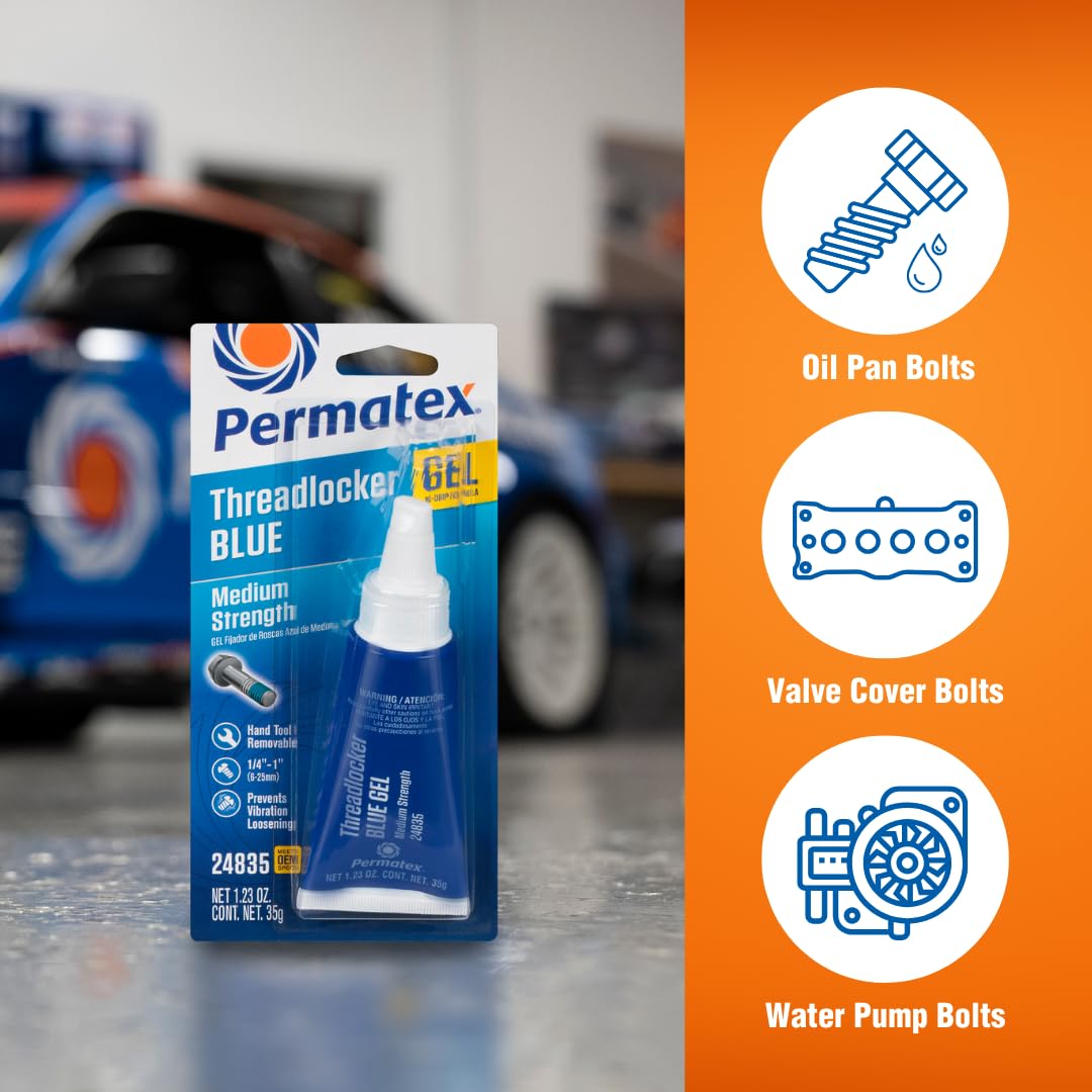 Threadlocker Blue Gel Permatex Medium Strength, Thread Lock & Screw Glue for Bolts Nuts & Fasteners to Prevent Loosening & Corrosion, Removable w/Hand Tools 35 ml