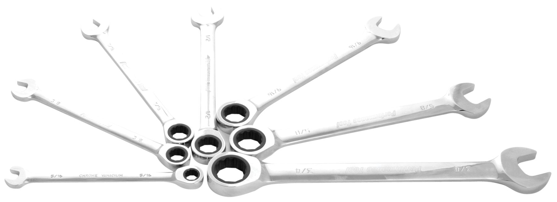 W30630 Performance Tool 7pc SAE Combo Ratcheting Wrench Set | Drop Forged Chrome Vanadium Steel | Corrosion Resistant Finish & 100 Gear Teeth | Sizes: 5/16, 3/8, 7/16, 1/2, 9/16, 5/8 and 3/4-Inch