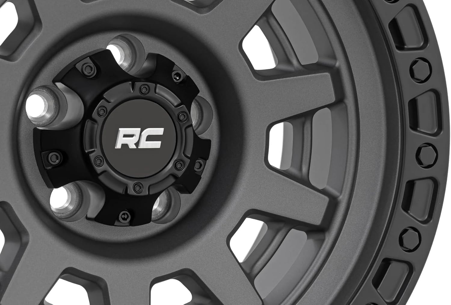 17x9 Rough Country 85 Series Wheel - 5x4.5" Bolt Pattern, 12mm Offset, Gunmetal Gray with Black Simulated Beadlock, One-Piece Aluminum Off-Road Wheel
