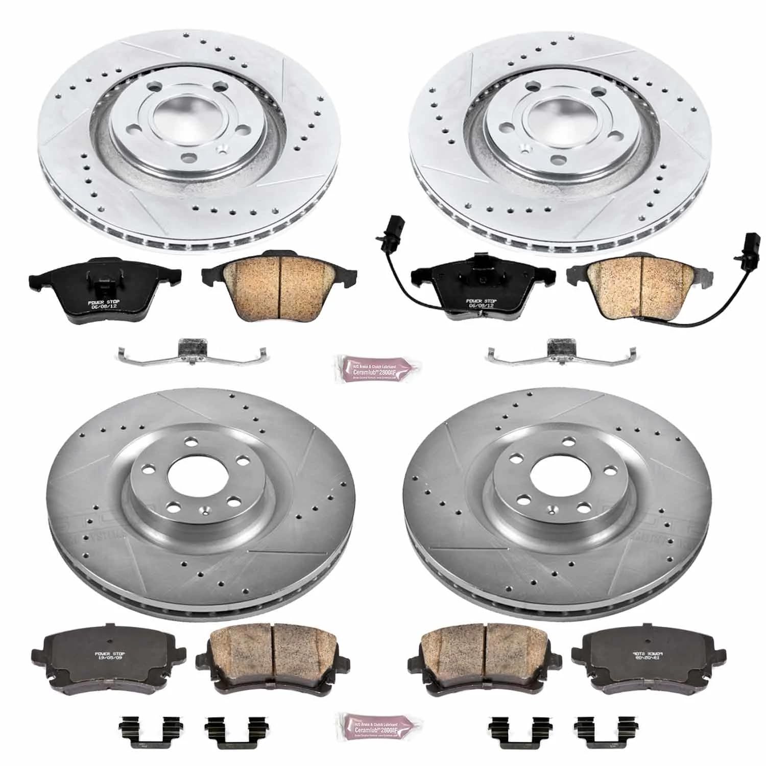 Power Stop K4010 Z23 Carbon Fiber Brake Pads Front and Rear with Drilled & Slotted Brake Rotors Kit For Audi S4 2004-2009 [Model Specific]