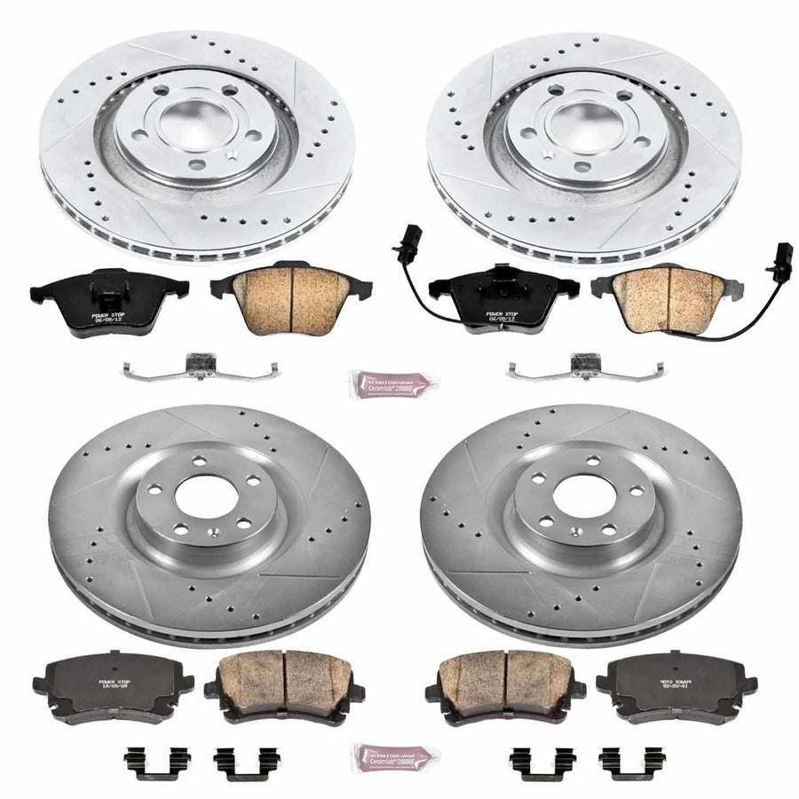 Power Stop K4010 Z23 Carbon Fiber Brake Pads Front and Rear with Drilled & Slotted Brake Rotors Kit For Audi S4 2004-2009 [Model Specific]
