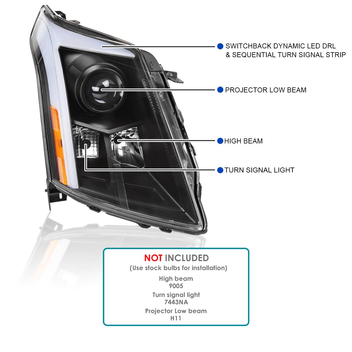 Switchback SPEC-D TUNING Black Sequential Projector Headlights w/LED DRL Light Bar and Startup Animation Compatible with 2010-2016 Cadillac SRX, Left + Right Head Lamps Assembly