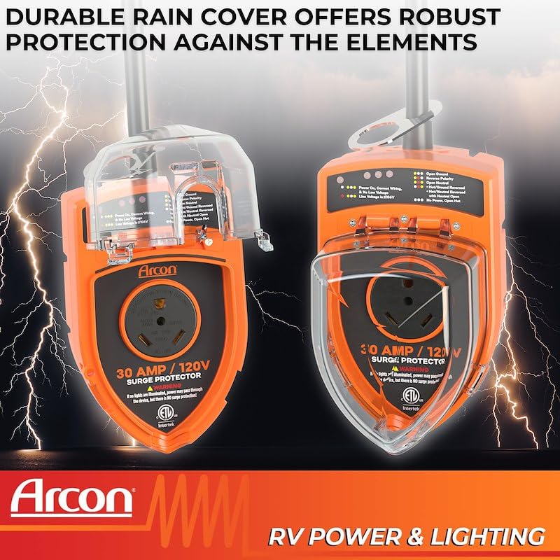 30 Amp Arcon 19758 Portable 120 Volt RV Surge Protector with CETL Certification, 3600 Joules Power Surge Protection, Low Voltage & Fault Indicator Lights, Lock and 36 Inch Cable Included