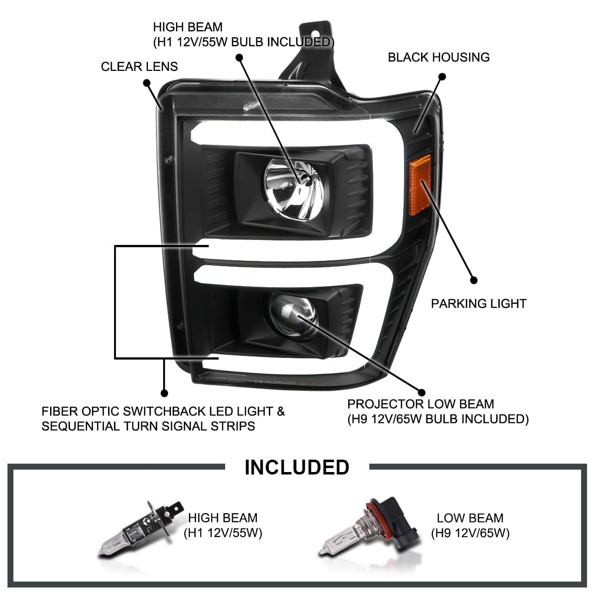 Black Sequential Switchback Projector Headlights SPEC-D TUNING Compatible with 2008-2010 Ford F-250, F-350, F-450
