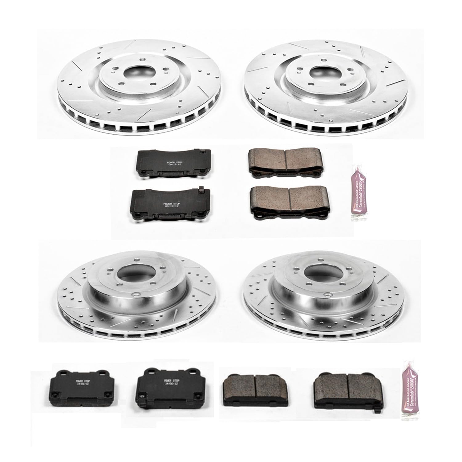 Power Stop K4145 Z23 Carbon Fiber Brake Pads Front and Rear with Drilled & Slotted Brake Rotors Kit For Mitsubishi Lancer 2008-2015 [Model Specific]