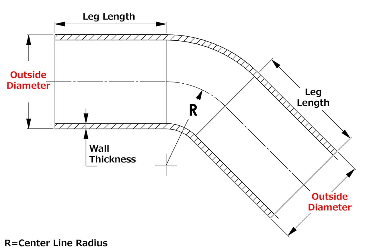 AT45-300-CLR-475 HPS 6061 T6 Aluminum Elbow Pipe Tubing, 16 Gauge, 45 Degree Bend, 3" OD, 0.065" Wall Thickness, 4.75" Center Line Radius