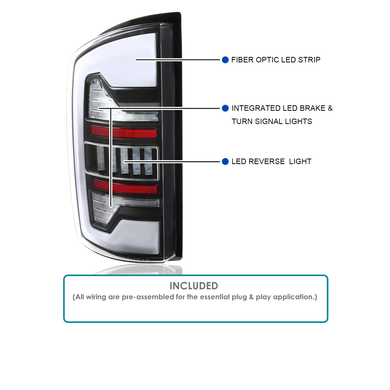Black Tail Lights w/White LED SPEC-D TUNING Compatible with 2007-2008 Dodge Ram 1500/2500 / 3500, Left + Right Pair Assembly