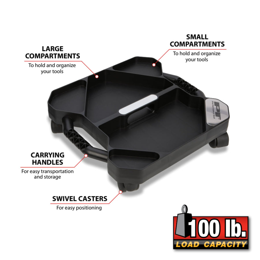 Tool Creeper Performance Tool W85032 Rolling Caddy Tray with 5 Sections for Mechanic Garage and Workshop Organization, Black, 17.13x15.75x4.75-Inches