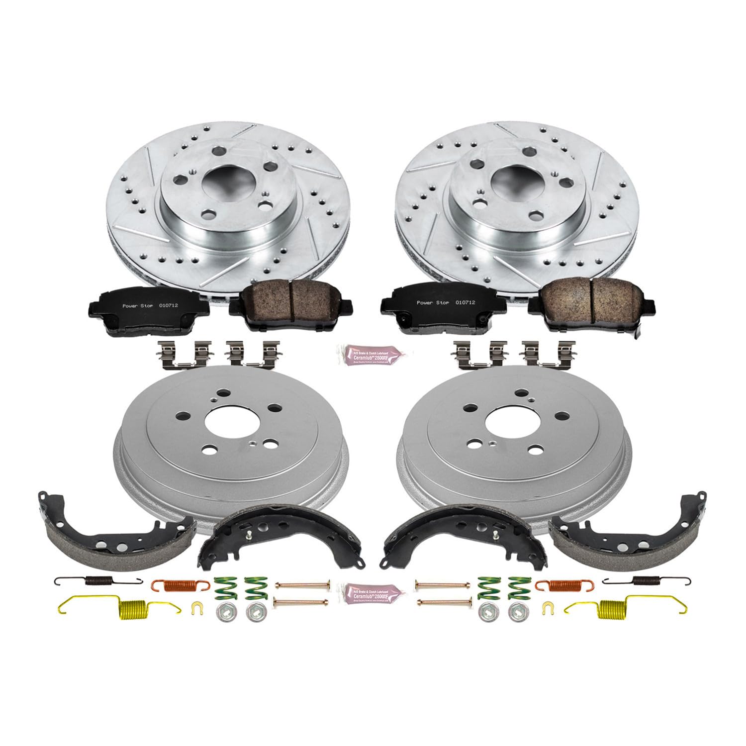 Power Stop K15202DK Z23 Carbon Fiber Brake Pads Front and Rear with Drilled & Slotted Brake Drums Kit For Toyota Prius 2004-2008 [Model Specific]