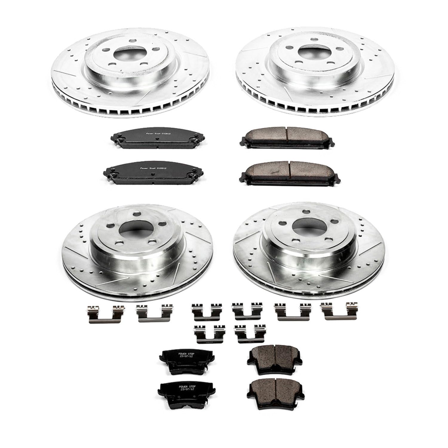 Power Stop K2853 Z23 Carbon Fiber Brake Pads Front and Rear with Drilled & Slotted Brake Rotors Kit