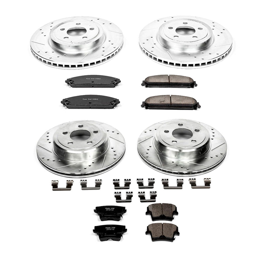 Power Stop K2853 Z23 Carbon Fiber Brake Pads Front and Rear with Drilled & Slotted Brake Rotors Kit