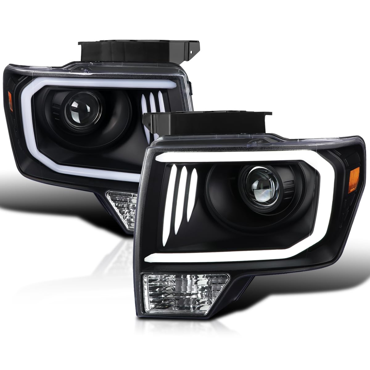 Black SPEC-D TUNING Projector Headlights w/LED Tube Compatible with 2009-2014 Ford F150, Left + Right Pair Headlamps Assembly