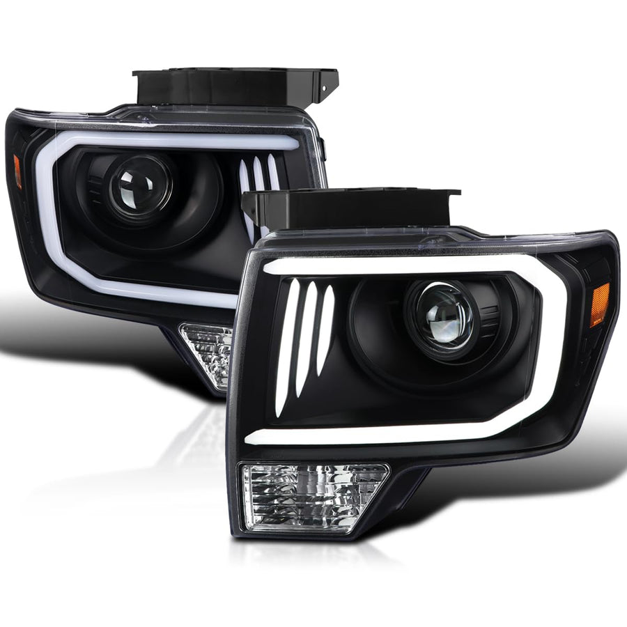 Black SPEC-D TUNING Projector Headlights w/LED Tube Compatible with 2009-2014 Ford F150, Left + Right Pair Headlamps Assembly