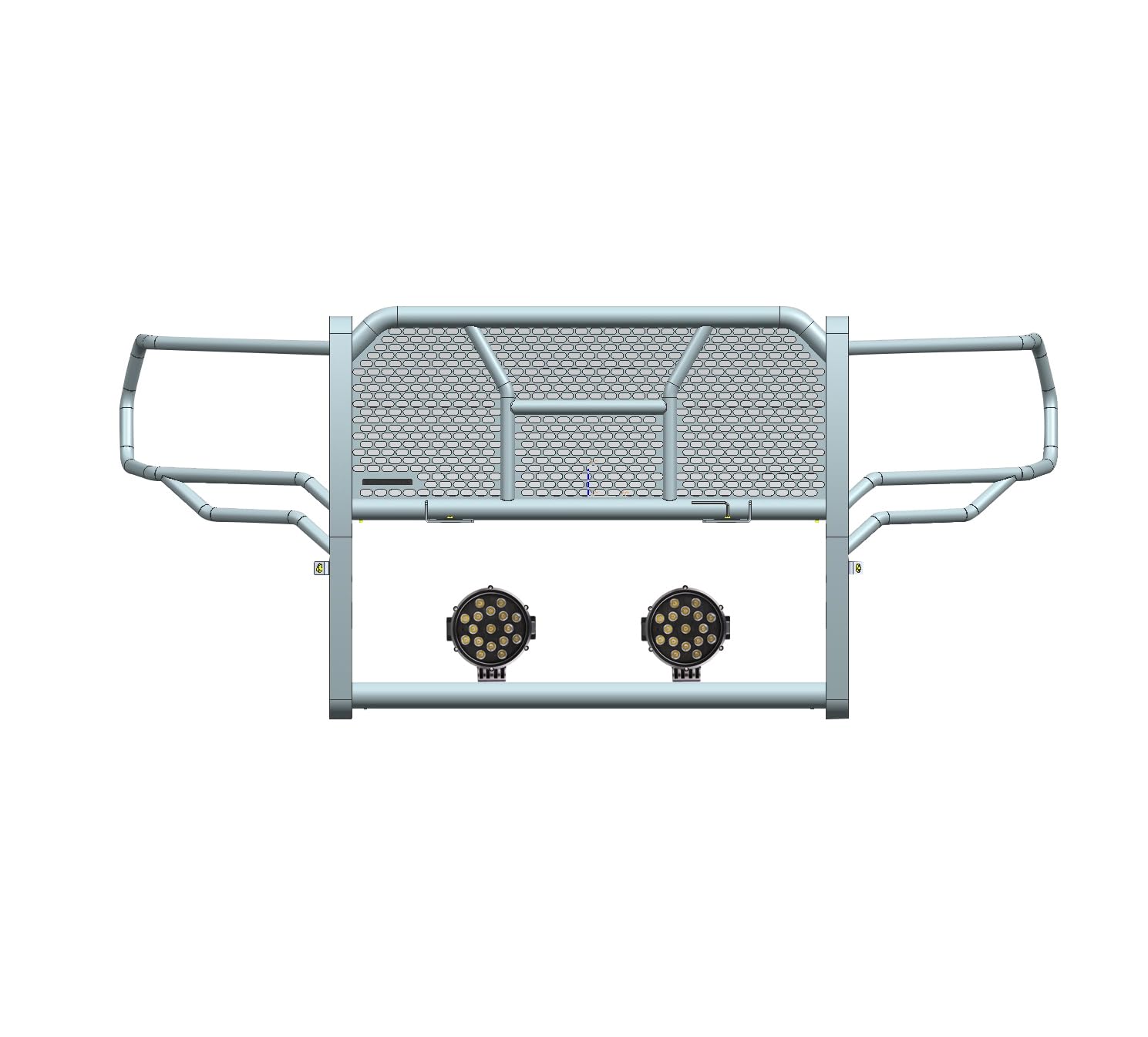Heavy Duty Black Horse Rugged Grille Brush Bumper Guard Modular Come with Pair of 7.0" Dia.LED Lights with Black Trim Rings Compatible with 2019-2024 Ram 2500|2019-2024 Ram 3500-RU-DORA20-B-PLB