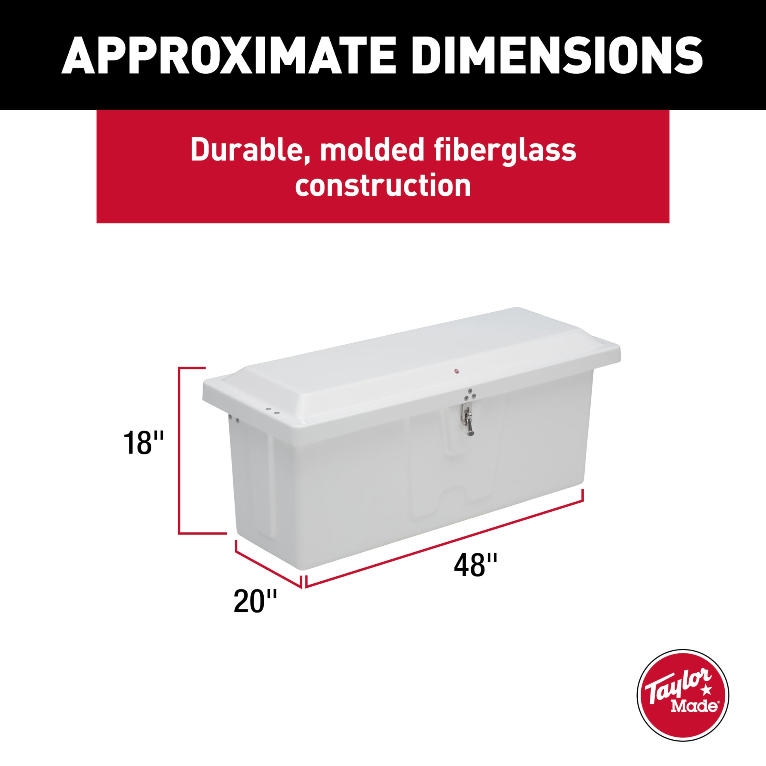 Stow 'N Go TAYLOR MADE PRODUCTS Low-Profile Fiberglass Dock Box, White (18" H x 48" W x 20" D) – Fiberglass construction, UV gelcoat finish, stainless steel lockable latch and hardware – 2020108647