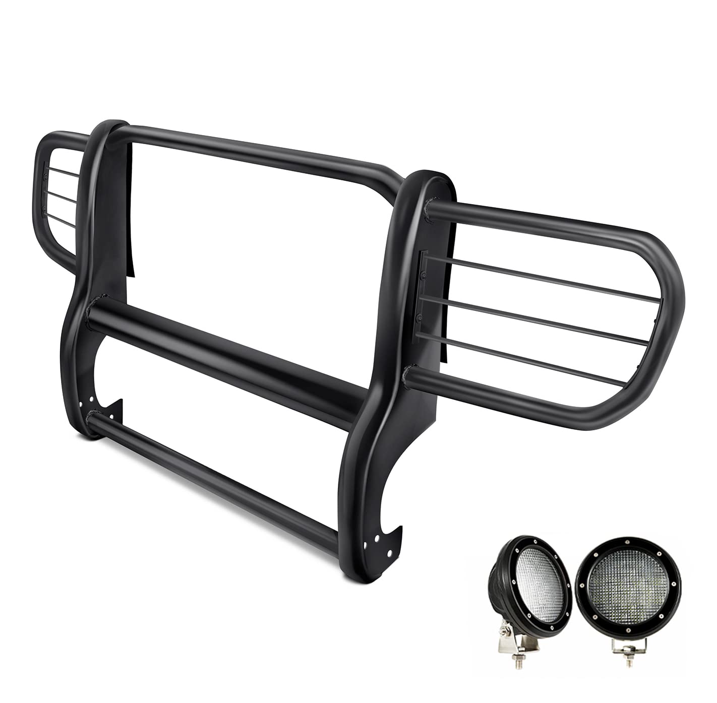 Bumper Guard Black Horse Grille Brush Modular Black Come with Pair of 5.3" Dia.LED Lights with Black Trim Rings Compatible with 2006-2010 Jeep Commander-17A081000MA-PLFB