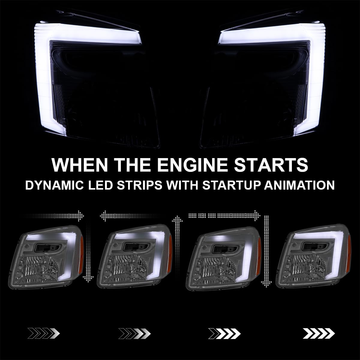 LED Tube Headlights SPEC-D TUNING w/Sequential Turn Signal and Startup Animation Compatible with 2005-2009 Chevy Equinox Left + Right Assembly