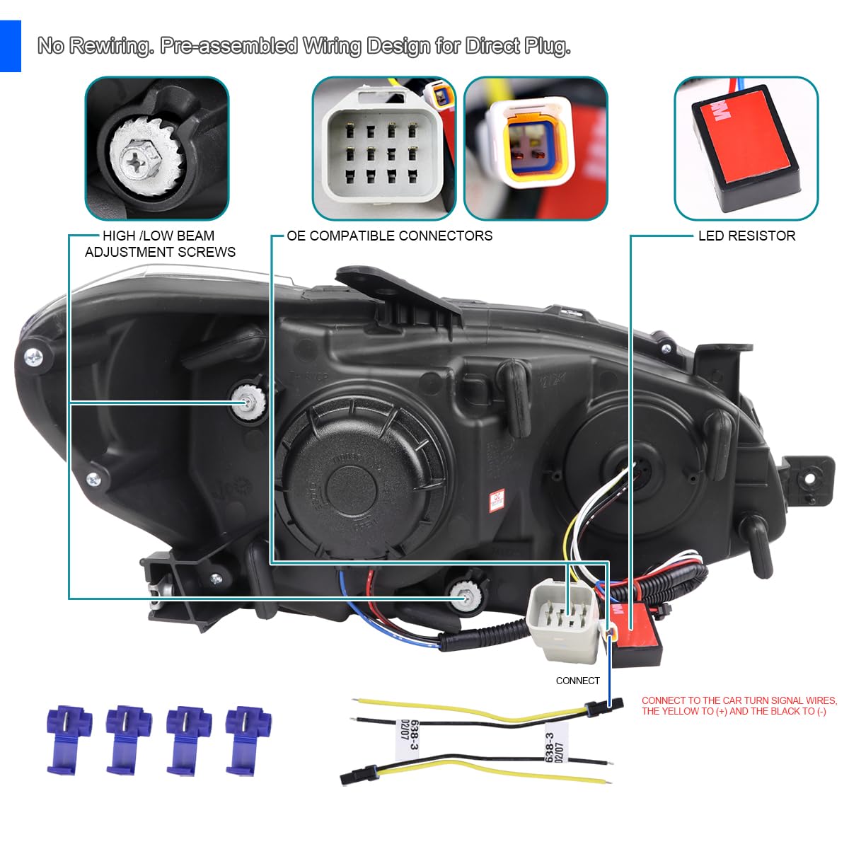 Jet Black SPEC-D TUNING Projector Headlights w/Sequential LED Turn Signal Compatible with 2015-2021 Subaru WRX STI with Halogen Headlights, L + R Pair Headlamp Assembly