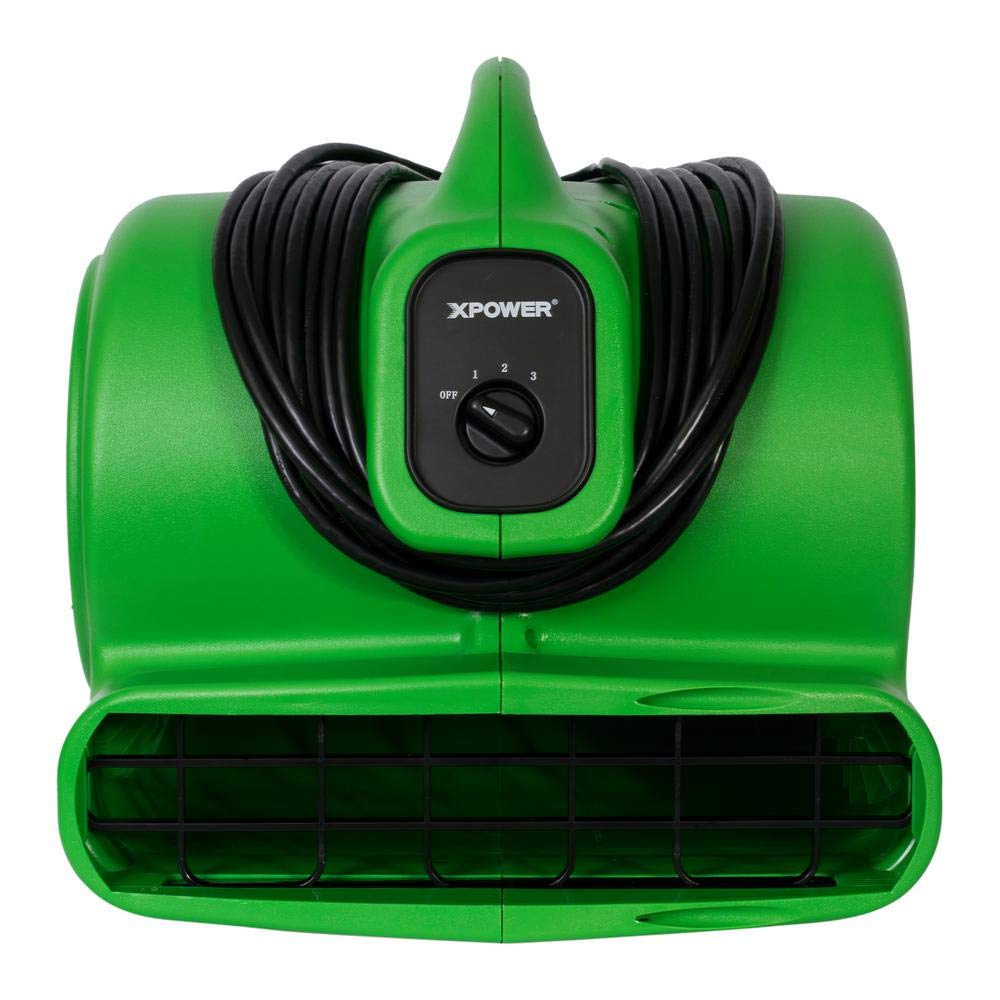 XPOWER 1/3 HP X-600A 2400 CFM 3 Speed Air Mover, Carpet Dryer, Floor Fan, Blower with Build-in GFCI Power Outlets - Green