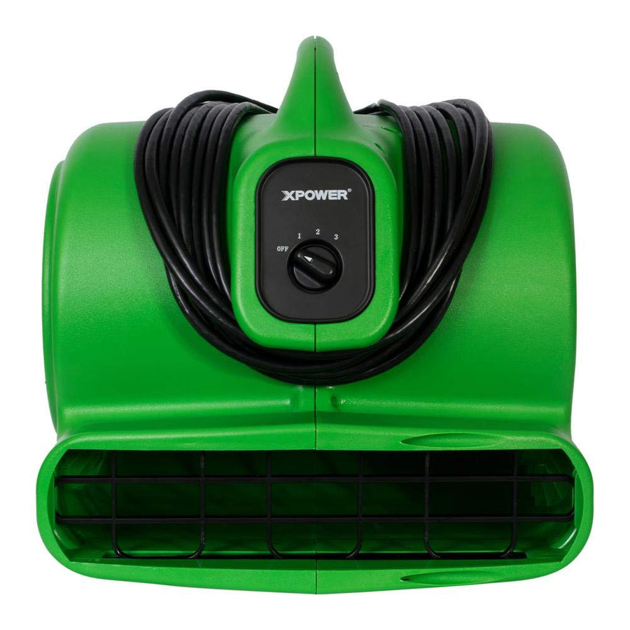 XPOWER 1/3 HP X-600A 2400 CFM 3 Speed Air Mover, Carpet Dryer, Floor Fan, Blower with Build-in GFCI Power Outlets - Green