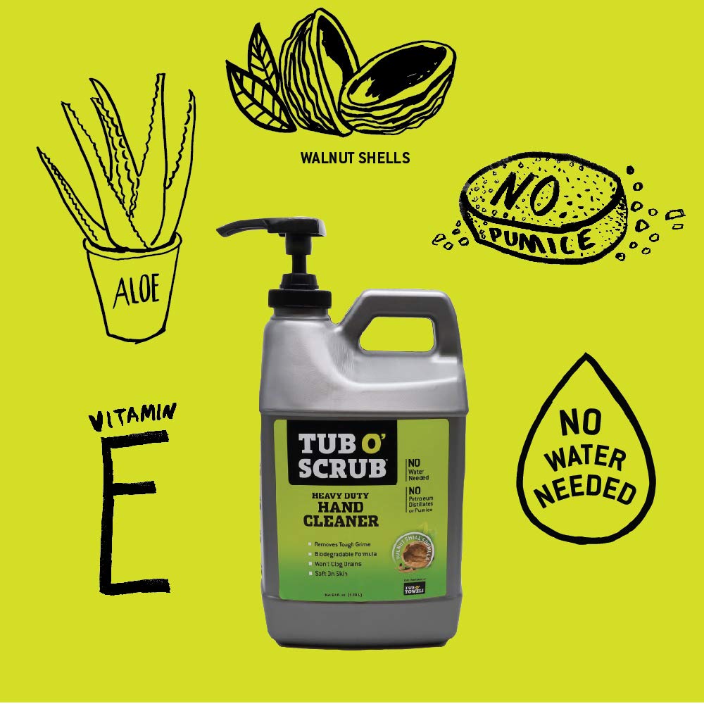 Scrub Tub O' Towels Heavy Duty Pumice-Free Hand Cleaner, Removes Tough Grime & Dirt Without Water, Biodegradable, 64oz Pump Jug, 1/2 gallon