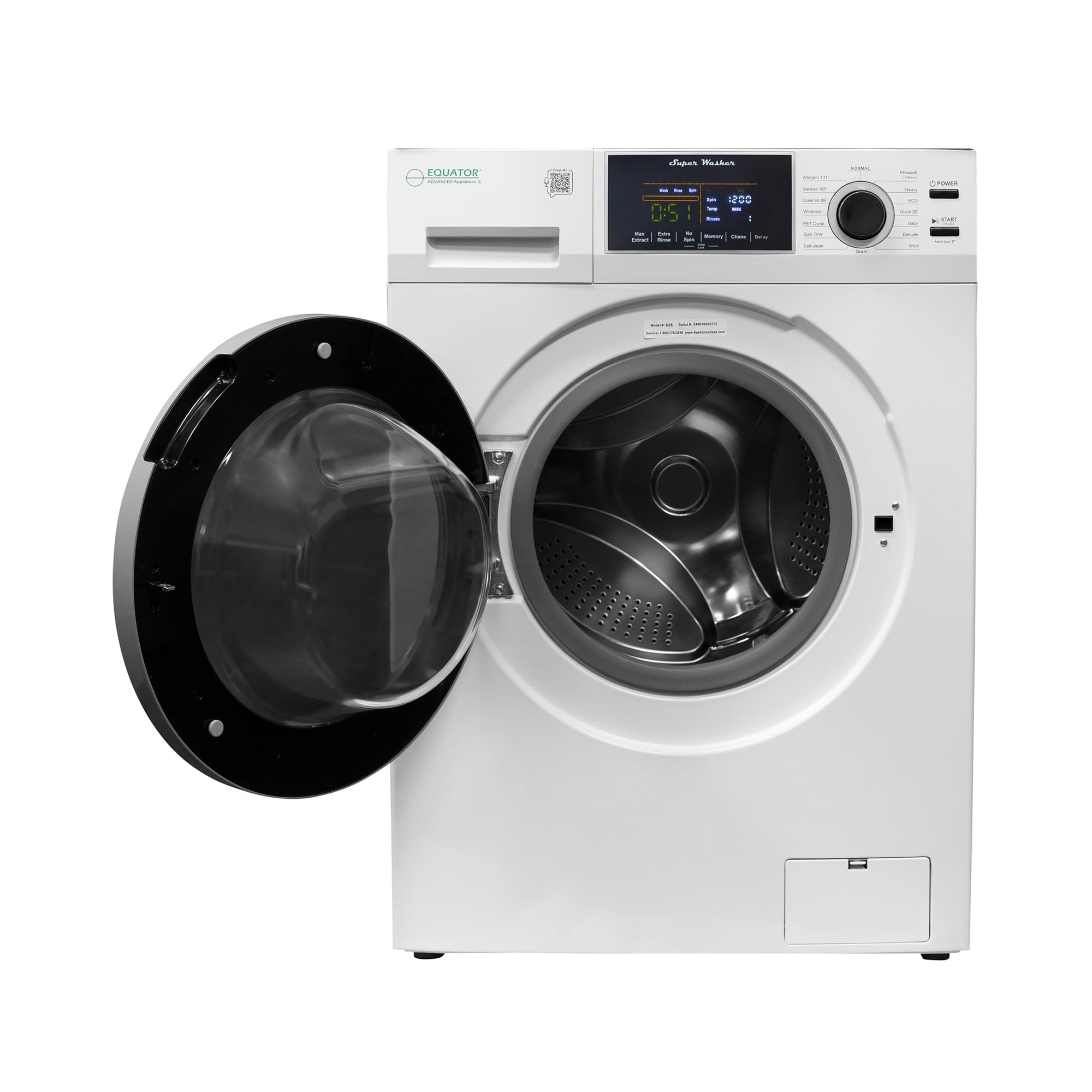 Equator 1.6cf/15lbs Compact Washer PET CYCLE 15 Programs 110V (White)