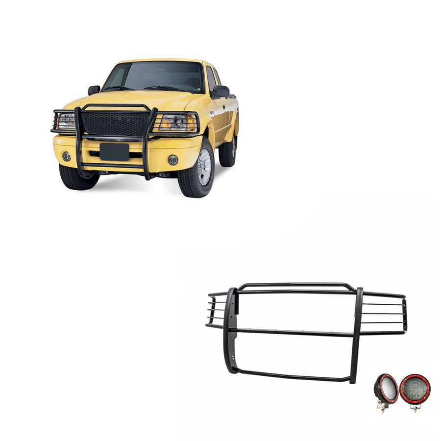 Bumper Guard Black Horse Grille brush Modular Come With Pair of 5.3" Dia.LED Lights with Red Trim Rings Compatible with 2001-2012 Ford Ranger Edge|2001-2012 Ford Ranger-17FR20MA-PLFR