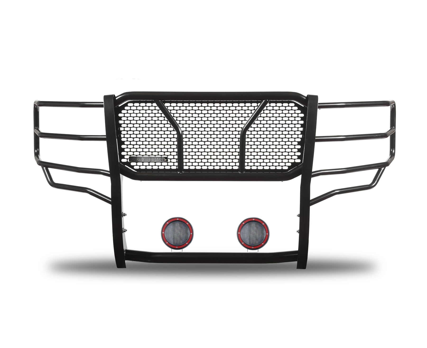 Heavy Duty Black Horse Rugged Grille Brush Bumper Guard Modular Black Come with Pair of 5.3" Dia.LED Lights with Red Trim Rings Compatible with 2021-2024 Ford F-150-RU-FOF116-B-PLFR