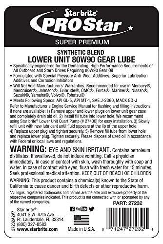 STAR BRITE Synthetic Blend Star Tron Lower 80W-90 Unit Gear Lube - Marine Grade, High Viscosity Gear Oil for Outboard Motors, 32 Ounce Quart (027232)