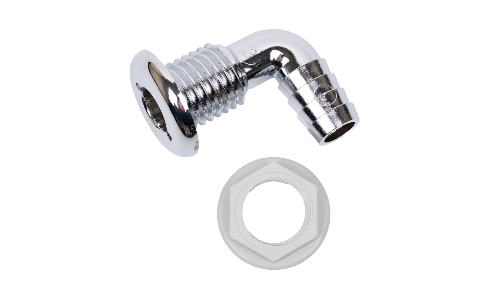 90 Degree Thru-Hull Fitting T-H Marine | 3/4" Chrome Plated Hose Barb for Durable Marine Connections | UV Stabilized Plastic for Longevity | Easy Installation for Maintenance and Replacement