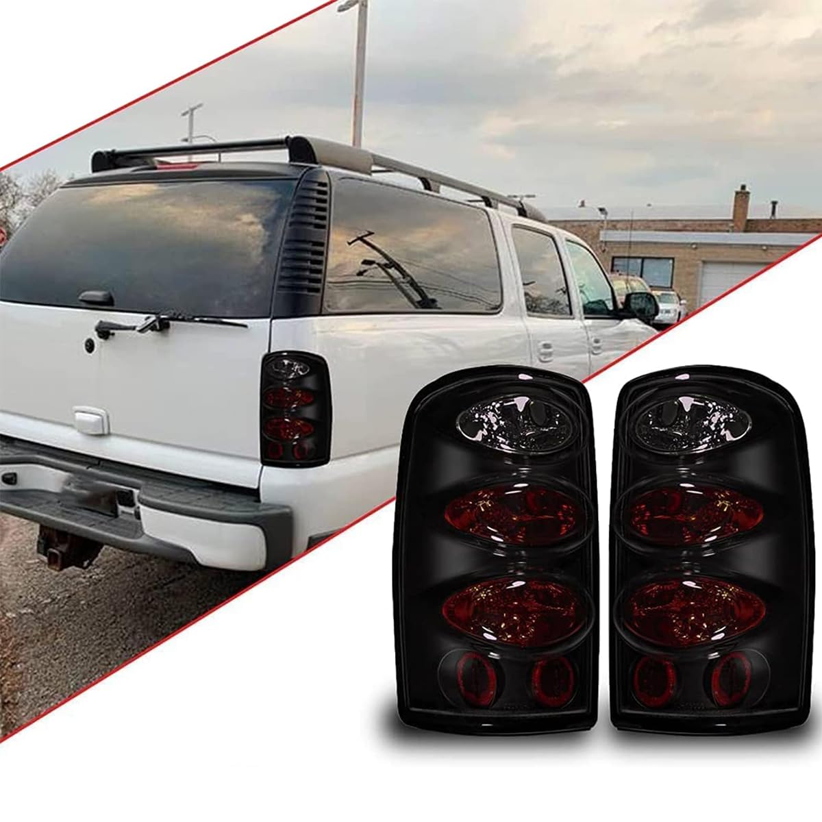 Tail Lights Winjet for 2000 2001 2002 2003 2004 2005 2006 Chevy Suburban/Tahoe/GMC Yukon Yukon/Yukon XL 1500/ Yukon XL 2500/ Yukon XL Denali Taillights Tail Lamps, Pair Black Housing/Smoke Lens