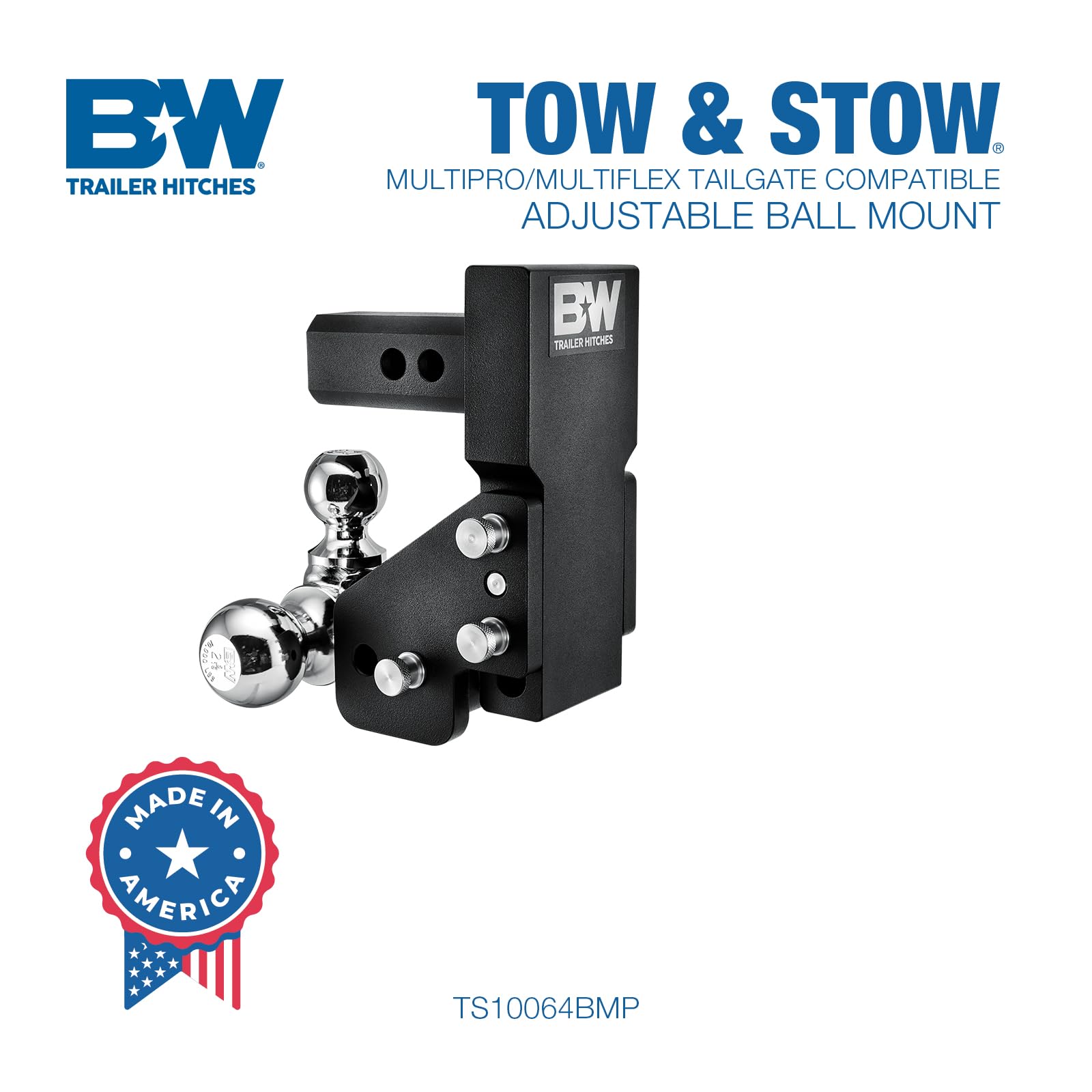 MultiPro B&W Trailer Hitches Tow & Stow Adjustable Trailer Hitch Ball Mount Compatible with Tailgate - Fits 2" Receiver, Dual Ball (2" x 2-5/16"), 4.5" Drop, 10,000 GTW -TS10065BMP
