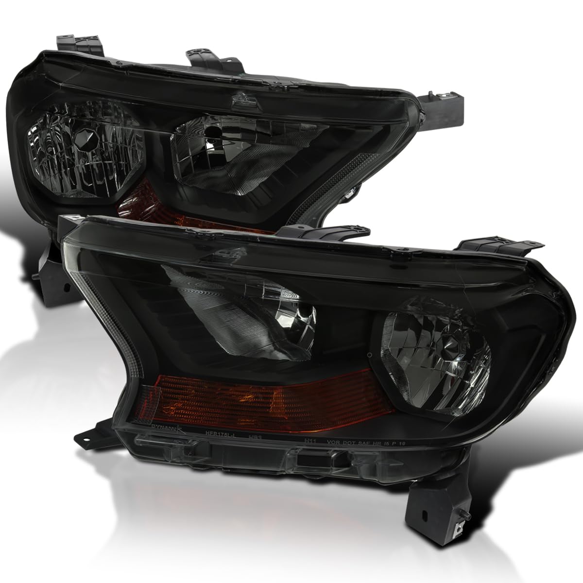 Black Housing Spec-D Tuning Smoke Lens Headlights w/Amber Reflector Compatible with Ford Ranger XL/XLT 2019-2022, L+R Pair Head Lights Lamps