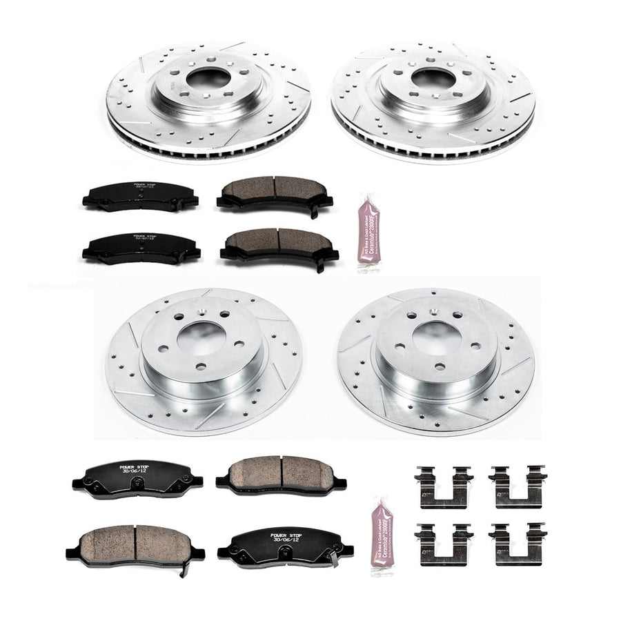 Power Stop K4097 Z23 Carbon Fiber Brake Pads Front and Rear with Drilled & Slotted Brake Rotors Kit For Buick Lucerne 2006-2011, Cadillac DTS 2006-2011 [Model Specific]