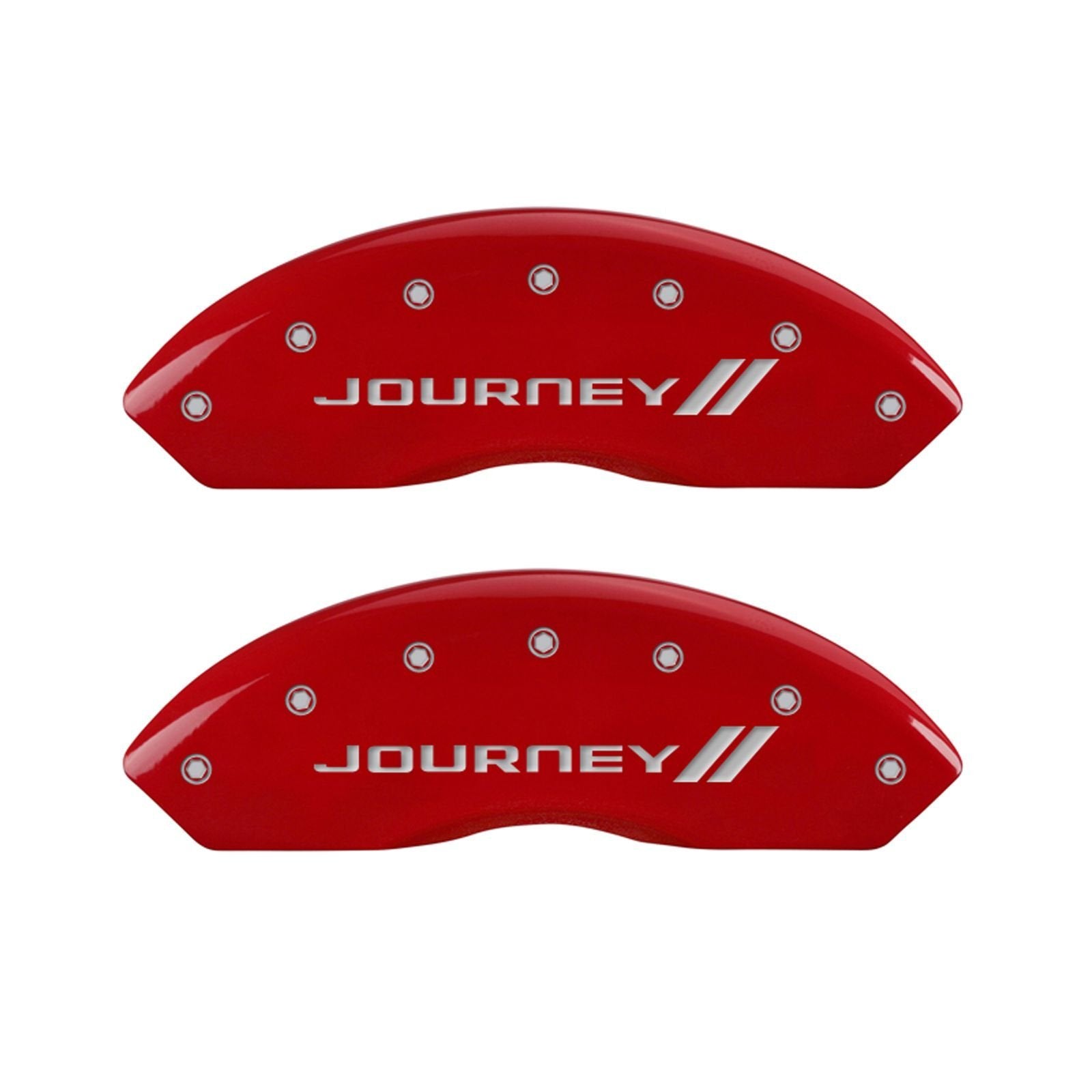 MGP Caliper Covers 'Journey ll' 12200SJNYRD Engraved Caliper Cover with Red Powder Coat Finish and Silver Characters, (Set of 4)