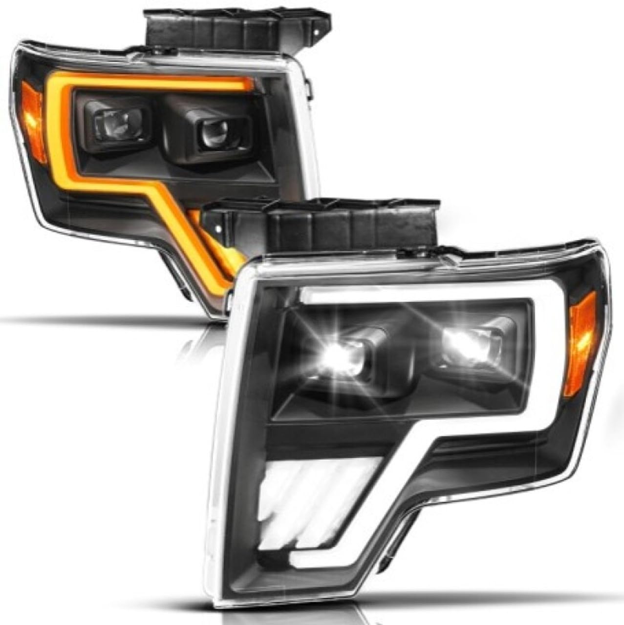 Full LED Proj Headlights ANZO 09-14 Ford F-150 (Factory Halogen Model ONLY) Init/SeqSig Black - Pair