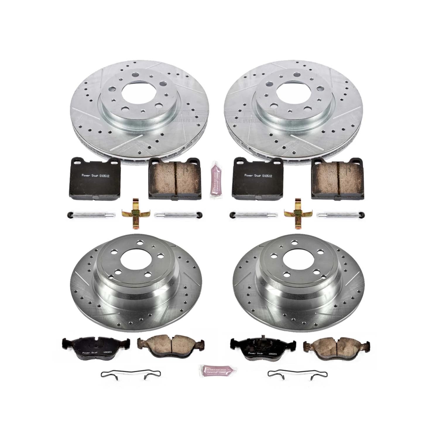 Power Stop K2728 Z23 Carbon Fiber Brake Pads Front and Rear with Drilled & Slotted Brake Rotors Kit For Volvo 850, Volvo C70, Volvo S70, Volvo V70 [Model Specific]