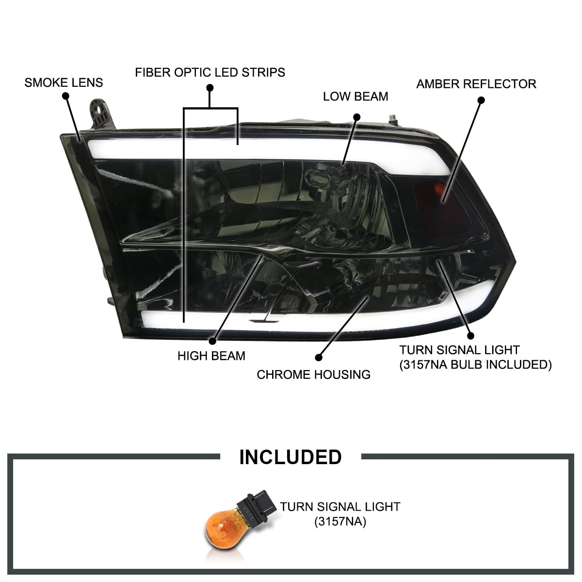 Smoke LED Strip Quad Style Headlights SPEC-D TUNING Compatible with 2009-2018 Dodge Ram 1500 2500 3500, Left + Right Pair Headlamps Assembly