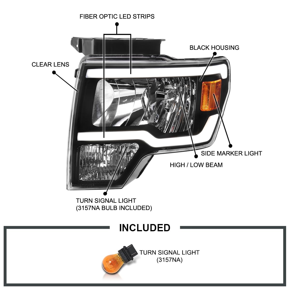 Black SPEC-D TUNING Headlights w/LED Tube Compatible with 2009-2014 Ford F150 F-150, Left + Right Pair Headlamps Assembly